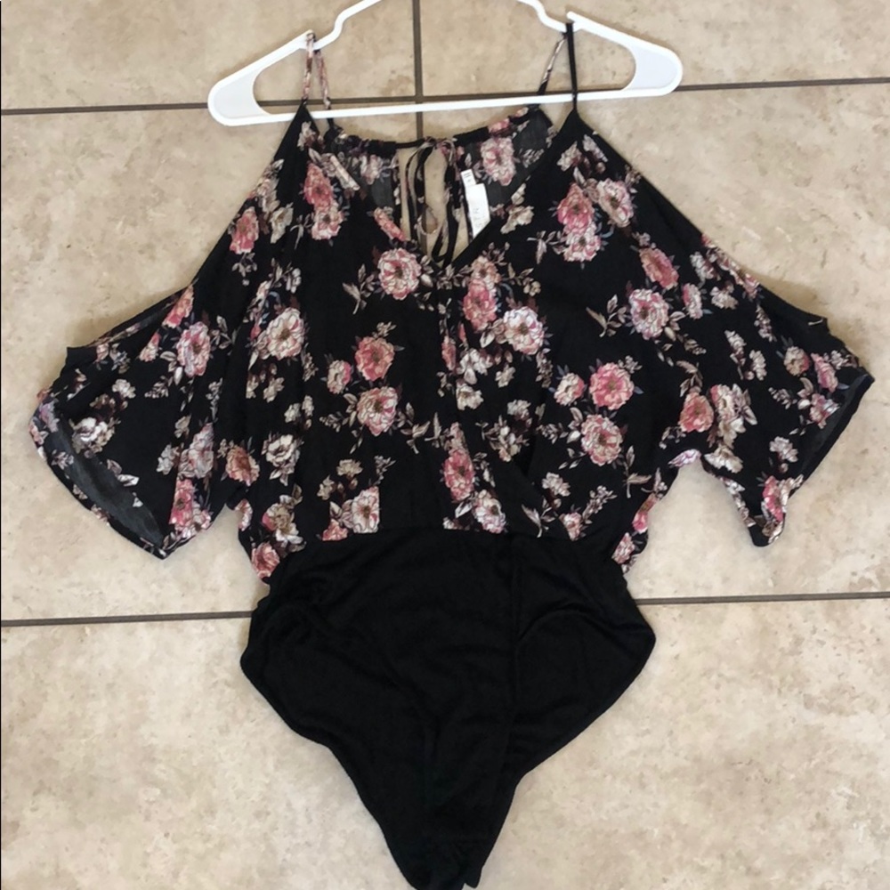 ASTR the Label Black and Pink Floral Bodysuit